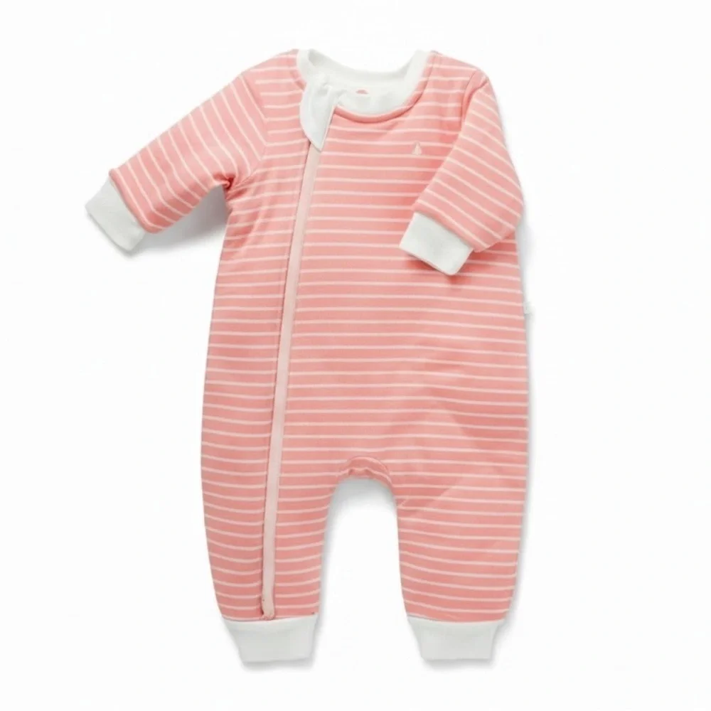 Little Green & Co Coral White Stripe Sleep Suit 2.0 Tog Quilted 2-way Zip 6-12